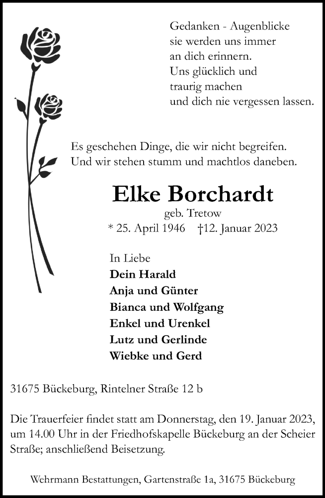  Traueranzeige für Elke Borchardt vom 17.01.2023 aus Schaumburger Nachrichten
