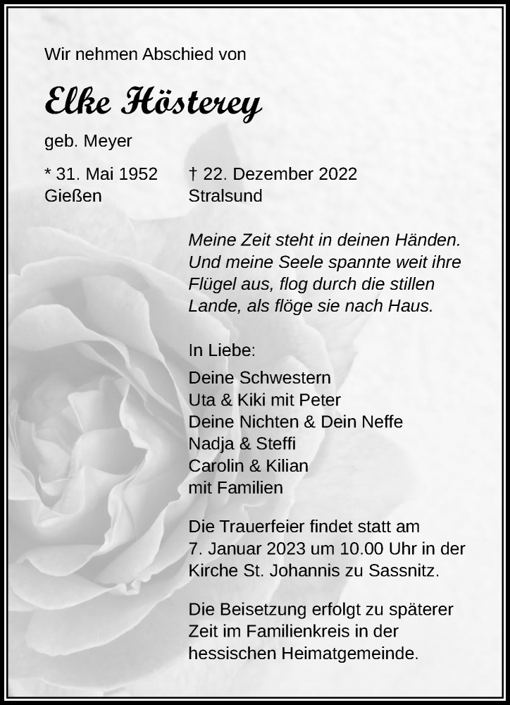  Traueranzeige für Elke Hösterey vom 04.01.2023 aus Ostsee-Zeitung GmbH