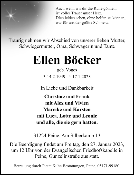 Traueranzeige von Ellen Böcker von Peiner Allgemeine Zeitung