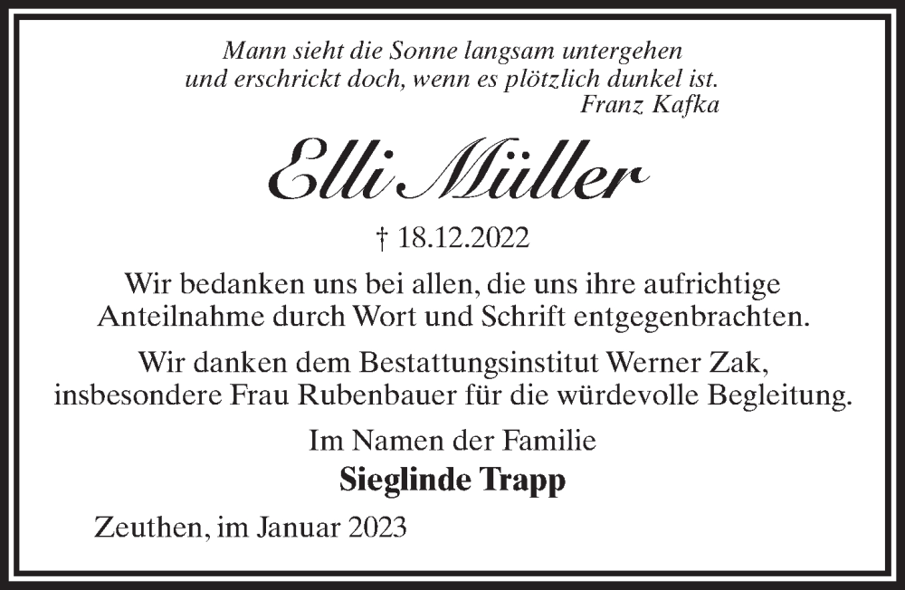  Traueranzeige für Elli Müller vom 07.01.2023 aus Märkischen Allgemeine Zeitung