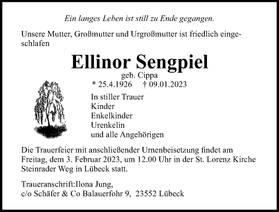 Traueranzeige von Ellinor Sengpiel von Lübecker Nachrichten