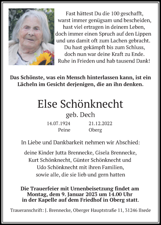 Traueranzeige von Else Schönknecht von Peiner Allgemeine Zeitung