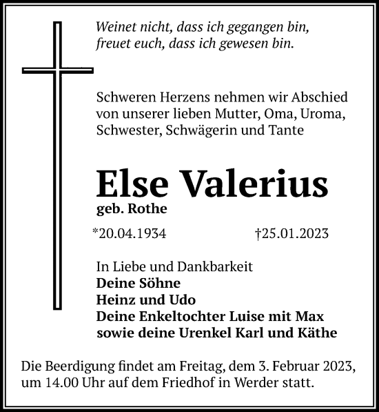 Traueranzeige von Else Valerius von Märkischen Allgemeine Zeitung