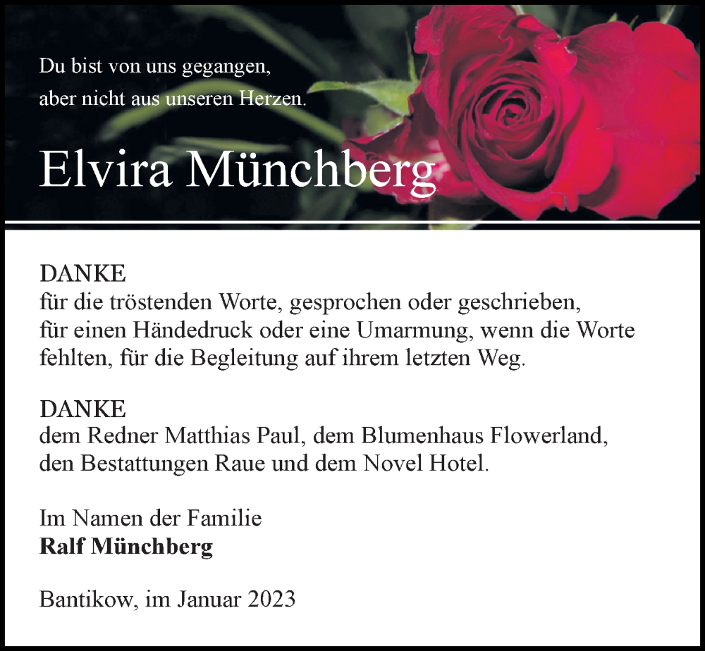  Traueranzeige für Elvira Münchberg vom 21.01.2023 aus Märkischen Allgemeine Zeitung