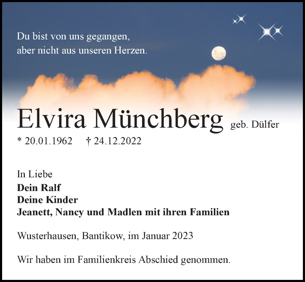  Traueranzeige für Elvira Münchberg vom 14.01.2023 aus Märkischen Allgemeine Zeitung