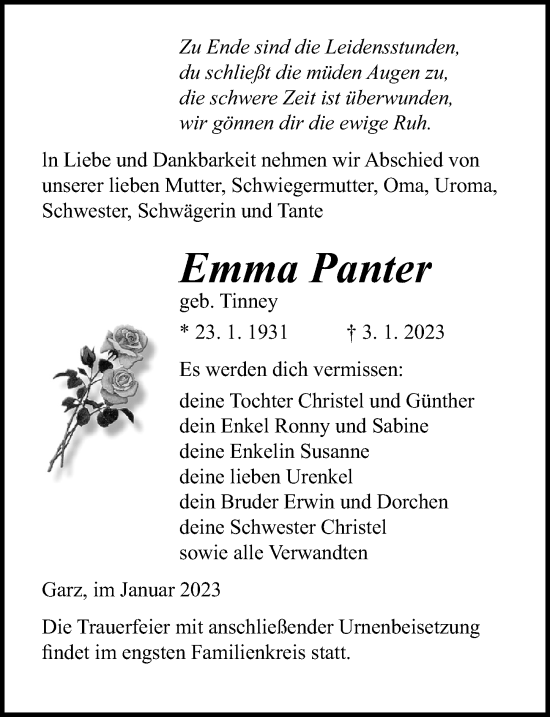 Traueranzeige von Emma Panter von Ostsee-Zeitung GmbH