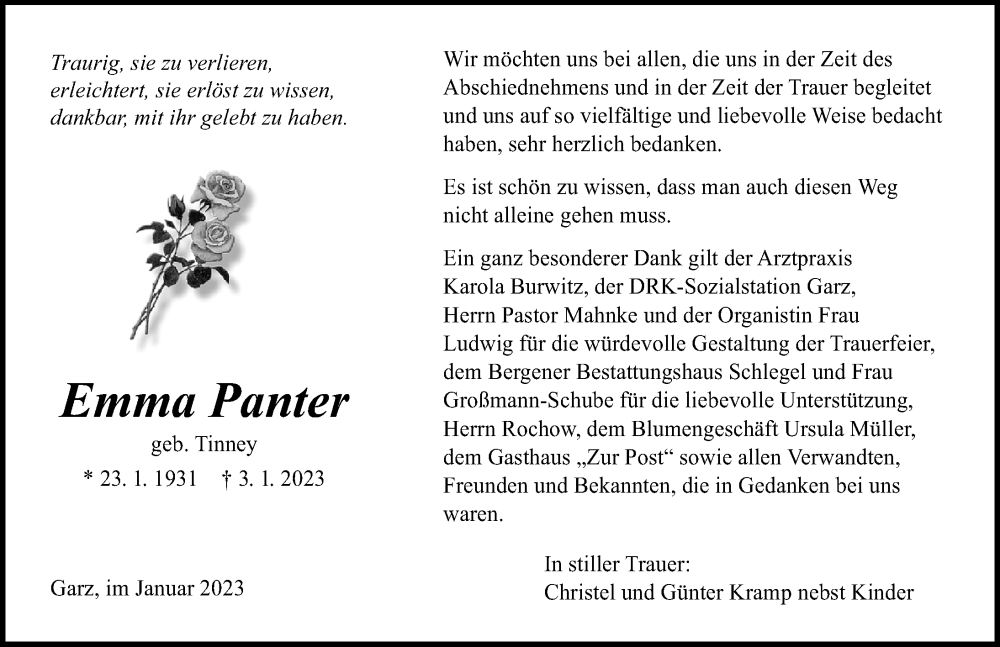  Traueranzeige für Emma Panter vom 28.01.2023 aus Ostsee-Zeitung GmbH