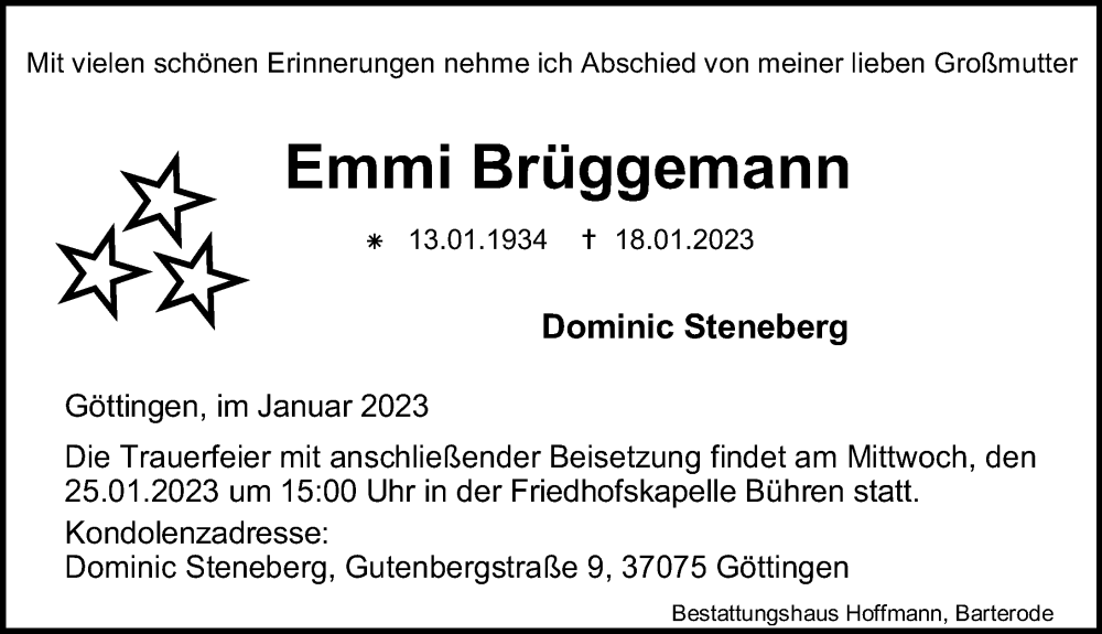  Traueranzeige für Emmi Brüggemann vom 21.01.2023 aus Göttinger Tageblatt