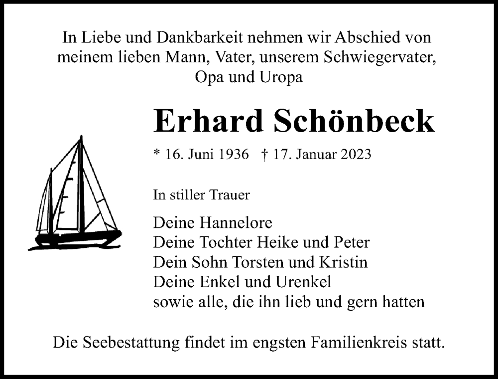  Traueranzeige für Erhard Schönbeck vom 21.01.2023 aus Ostsee-Zeitung GmbH