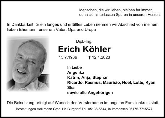 Traueranzeige von Erich Köhler von Hannoversche Allgemeine Zeitung/Neue Presse