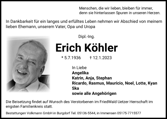 Traueranzeige von Erich Köhler von Hannoversche Allgemeine Zeitung/Neue Presse