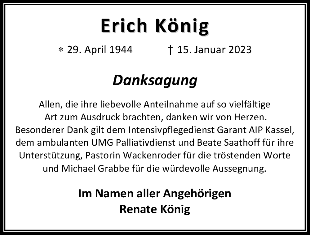  Traueranzeige für Erich König vom 28.01.2023 aus Göttinger Tageblatt