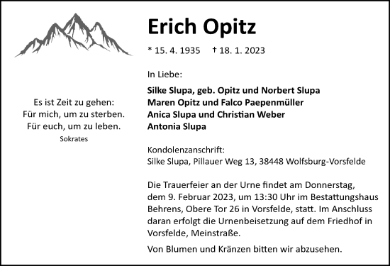 Traueranzeige von Erich Opitz von Aller Zeitung