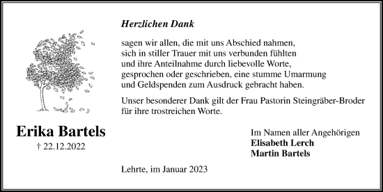 Traueranzeige von Erika Bartels von Hannoversche Allgemeine Zeitung/Neue Presse