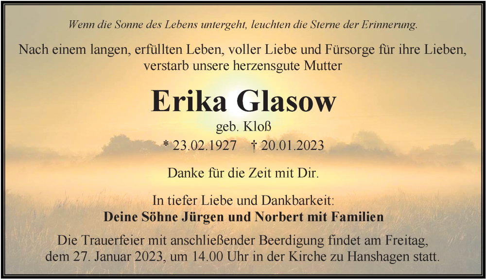  Traueranzeige für Erika Glasow vom 25.01.2023 aus Ostsee-Zeitung GmbH