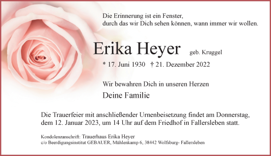 Traueranzeige von Erika Heyer von Aller Zeitung