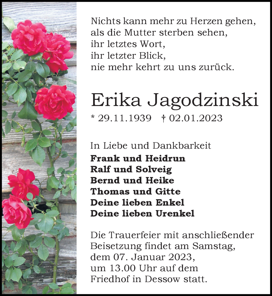  Traueranzeige für Erika Jagodzinski vom 05.01.2023 aus Märkischen Allgemeine Zeitung