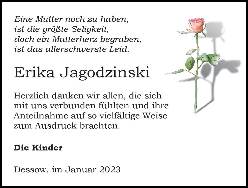  Traueranzeige für Erika Jagodzinski vom 21.01.2023 aus Märkischen Allgemeine Zeitung