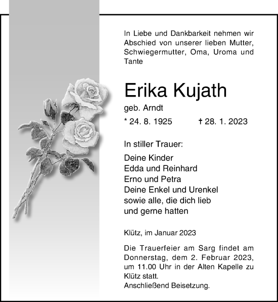 Traueranzeige von Erika Kujath von Ostsee-Zeitung GmbH