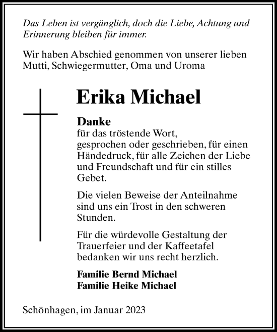 Traueranzeige von Erika Michael von Märkischen Allgemeine Zeitung