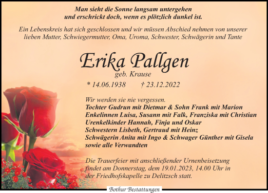 Traueranzeige von Erika Pallgen von Leipziger Volkszeitung