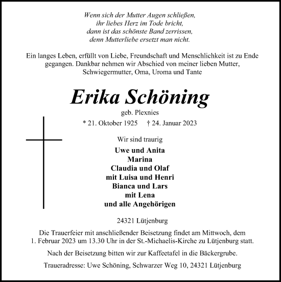Traueranzeige von Erika Schöning von Kieler Nachrichten