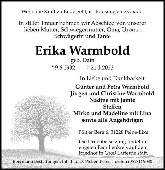 Traueranzeige von Erika Warmbold von Peiner Allgemeine Zeitung