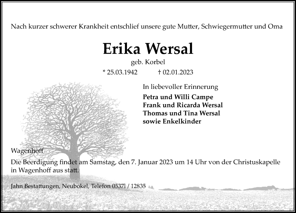  Traueranzeige für Erika Wersal vom 05.01.2023 aus Aller Zeitung