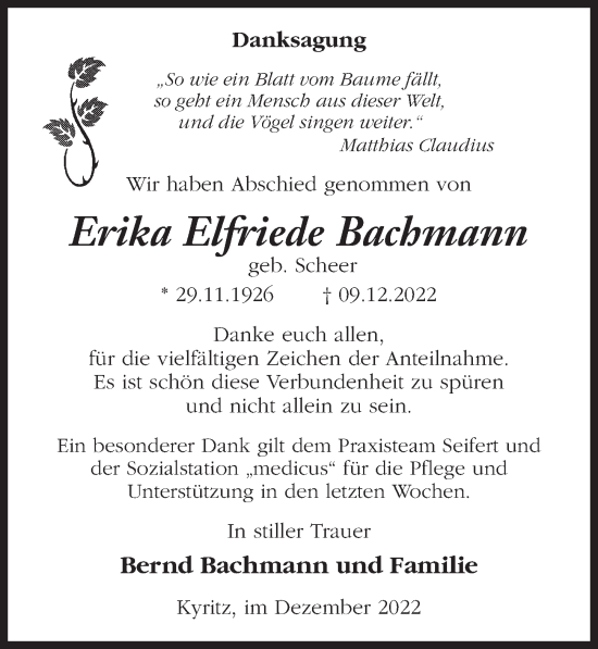 Traueranzeige von Erika Elfriede Bachmann von Märkischen Allgemeine Zeitung