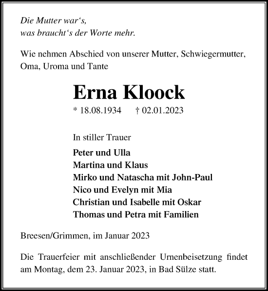 Traueranzeige von Erna Kloock von Ostsee-Zeitung GmbH