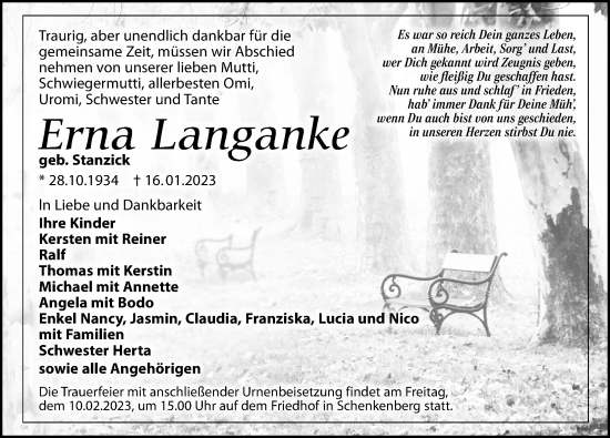 Traueranzeige von Erna Langanke von Leipziger Volkszeitung