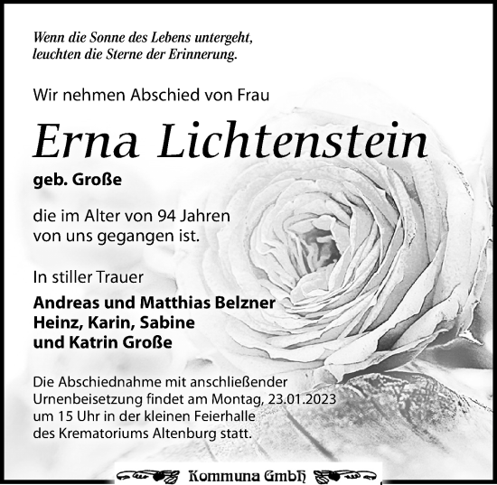Traueranzeige von Erna Lichtenstein von Leipziger Volkszeitung