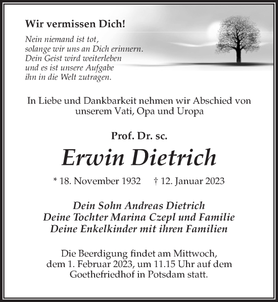 Traueranzeige von Erwin Dietrich von Märkischen Allgemeine Zeitung