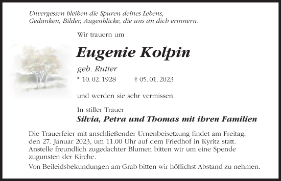 Traueranzeige von Eugenie Kolpin von Märkischen Allgemeine Zeitung