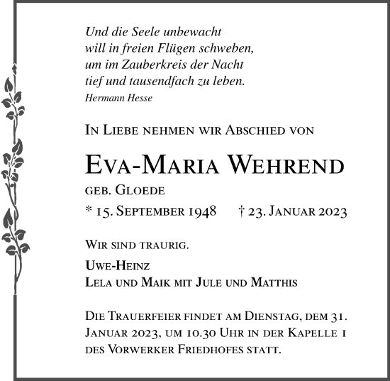 Traueranzeige von Eva-Maria Wehrend von Lübecker Nachrichten