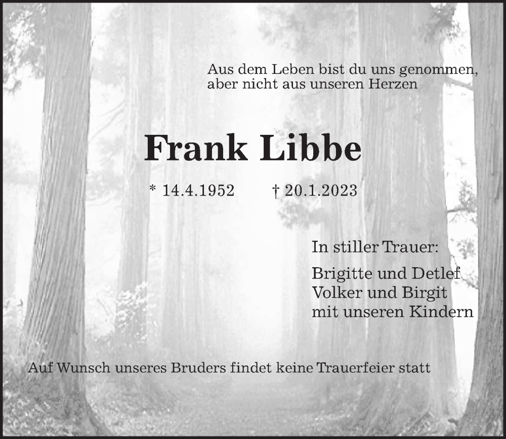  Traueranzeige für Frank Libbe vom 25.01.2023 aus Hannoversche Allgemeine Zeitung/Neue Presse