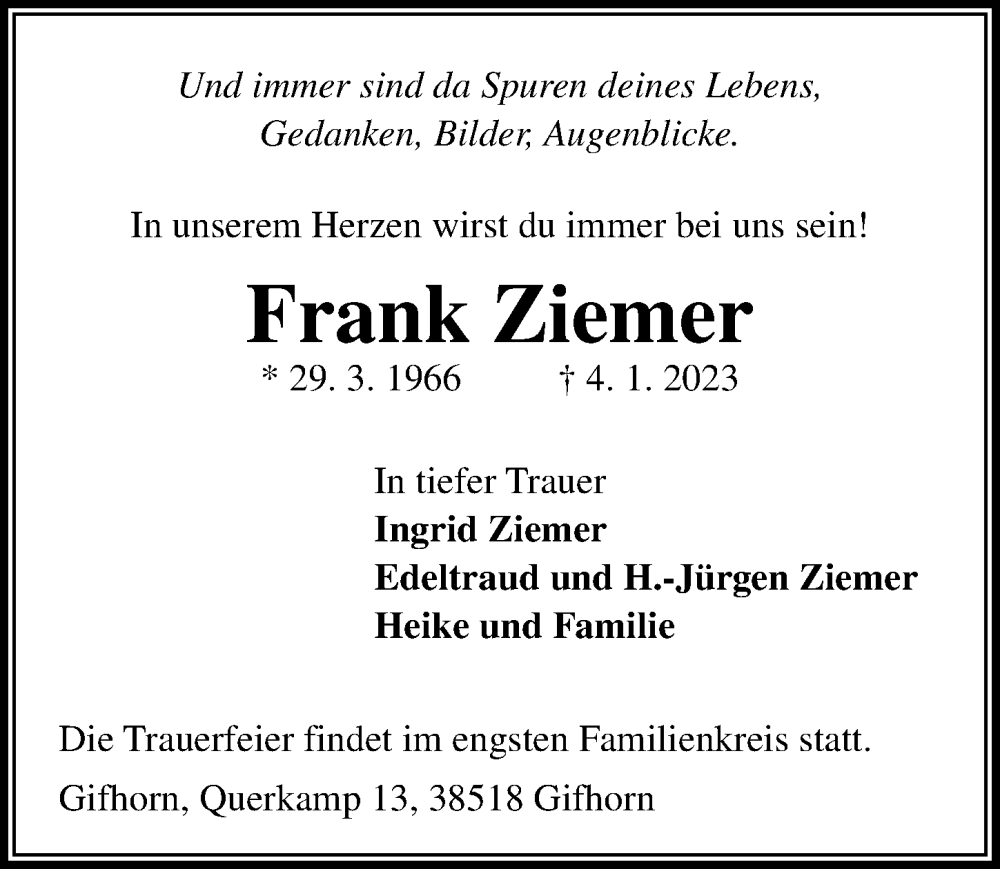  Traueranzeige für Frank Ziemer vom 07.01.2023 aus Aller Zeitung
