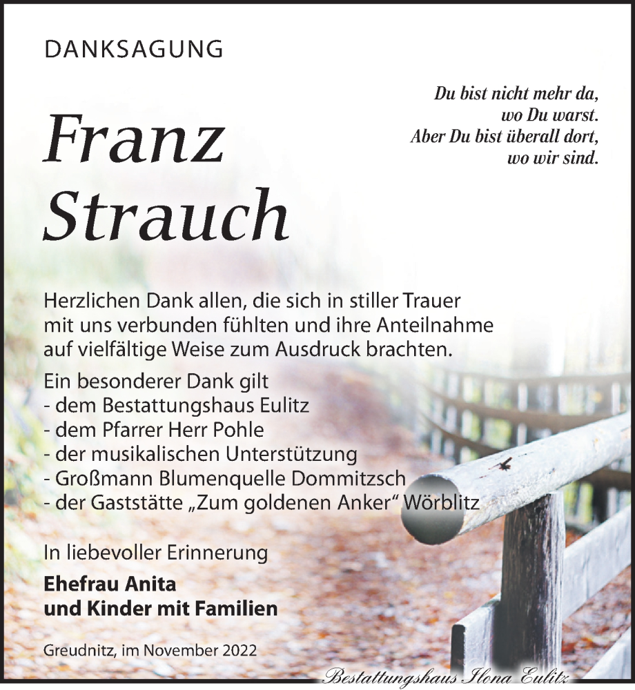  Traueranzeige für Franz Strauch vom 07.01.2023 aus Torgauer Zeitung