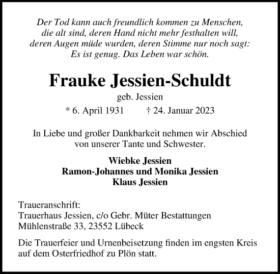 Traueranzeige von Frauke Jessien-Schuldt von Lübecker Nachrichten