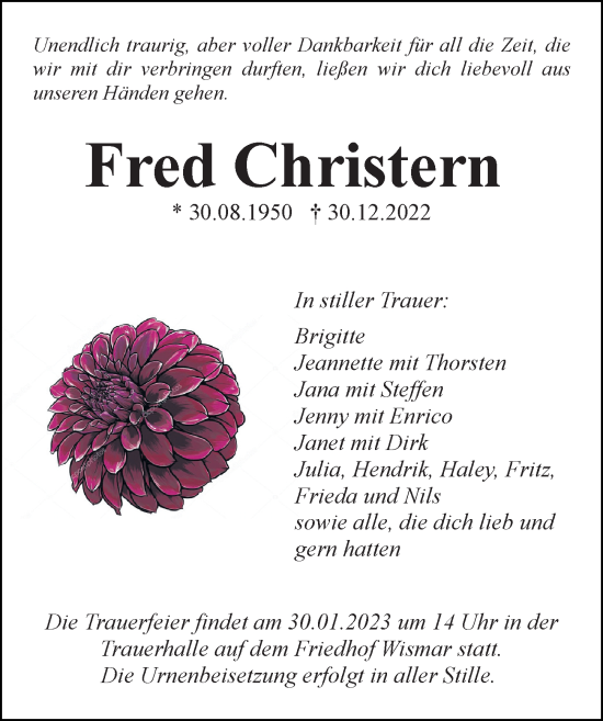 Traueranzeige von Fred Christern von Ostsee-Zeitung GmbH