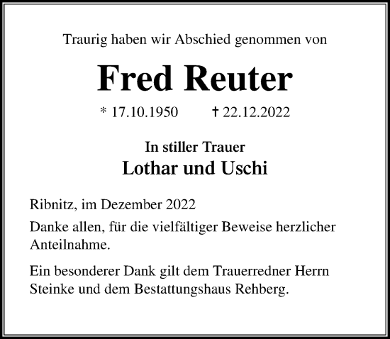 Traueranzeige von Fred Reuter von Ostsee-Zeitung GmbH