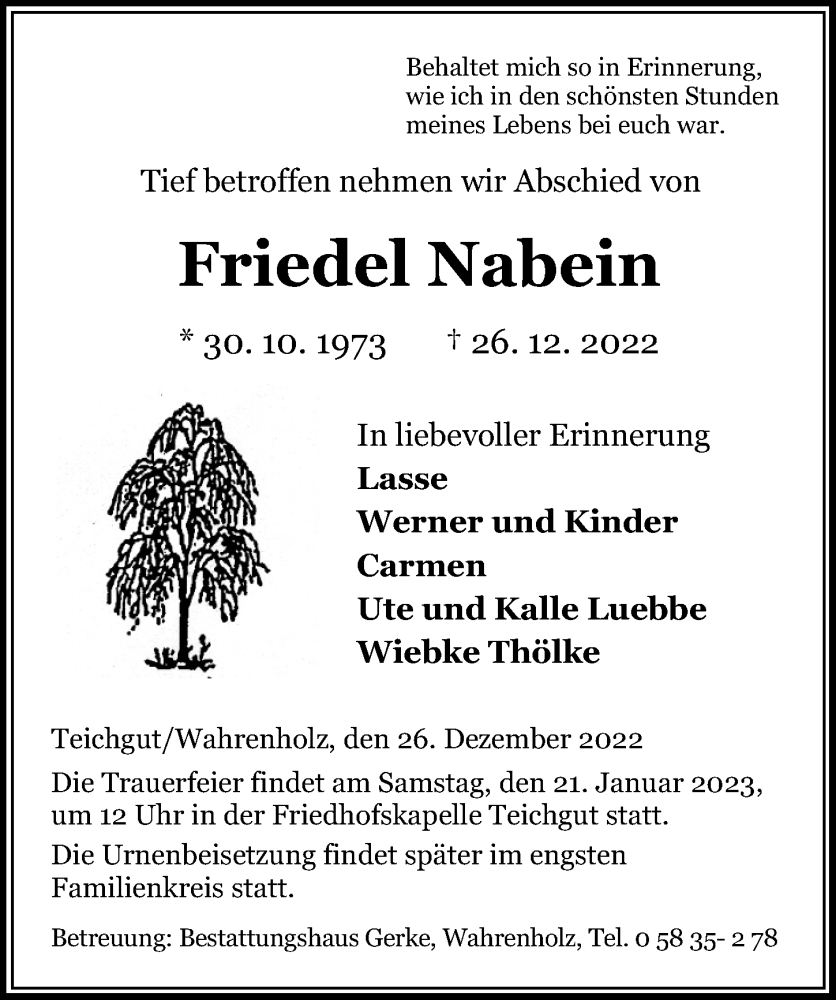  Traueranzeige für Friedel Nabein vom 07.01.2023 aus Aller Zeitung