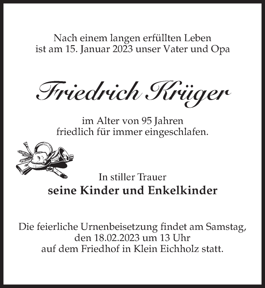  Traueranzeige für Friedrich Krüger vom 28.01.2023 aus Märkischen Allgemeine Zeitung
