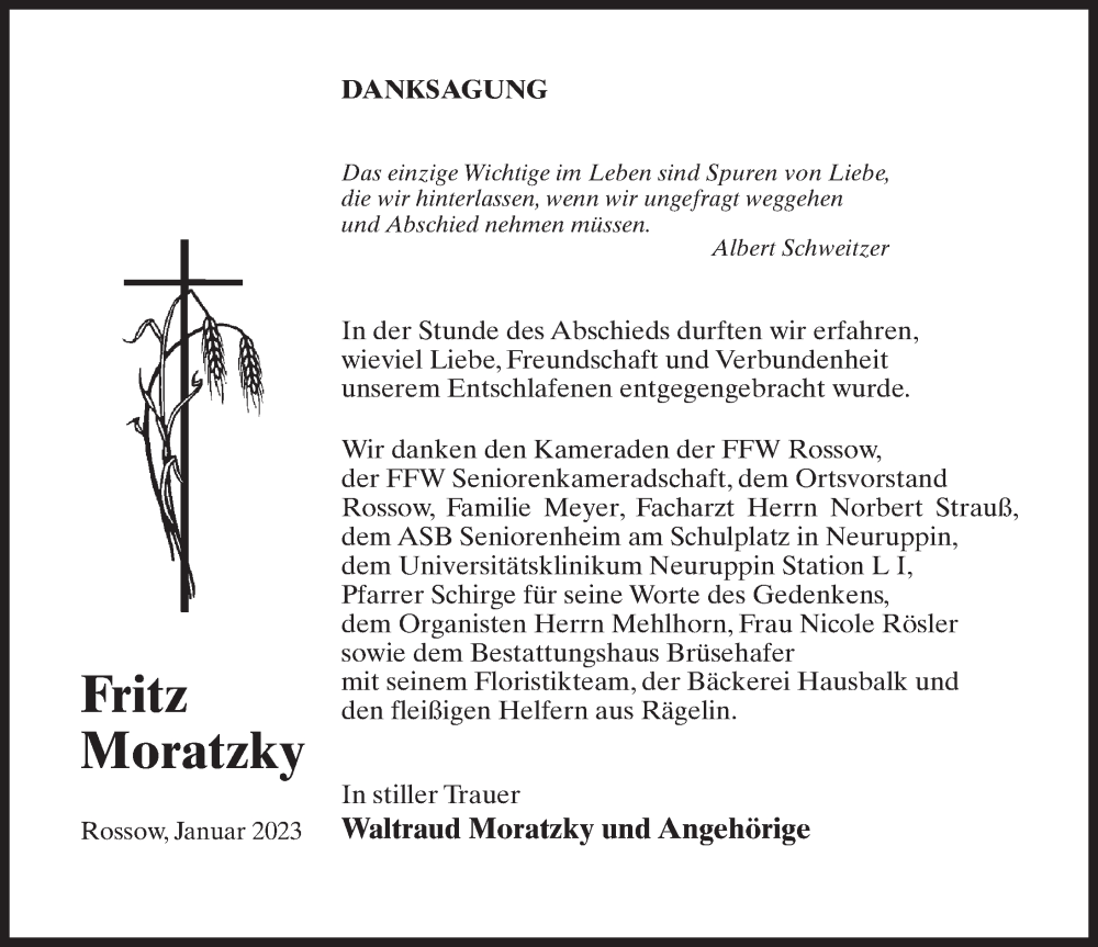  Traueranzeige für Fritz Moratzky vom 28.01.2023 aus Märkischen Allgemeine Zeitung