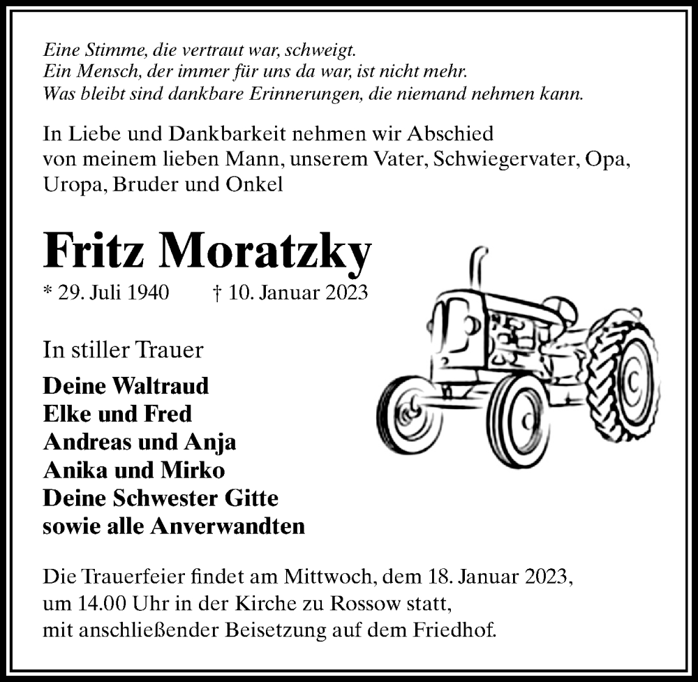  Traueranzeige für Fritz Moratzky vom 14.01.2023 aus Märkischen Allgemeine Zeitung