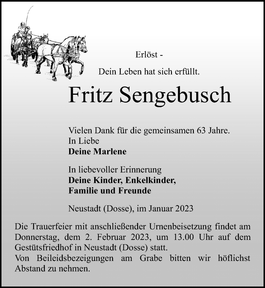  Traueranzeige für Fritz Sengebusch vom 21.01.2023 aus Märkischen Allgemeine Zeitung