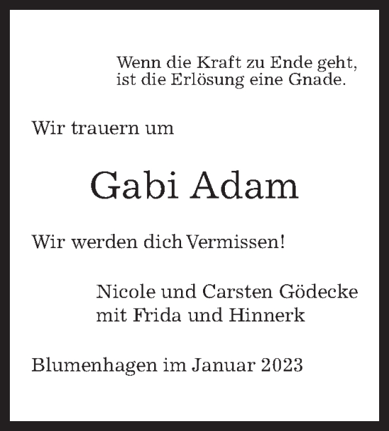 Traueranzeige von Gabi Adam von Peiner Allgemeine Zeitung