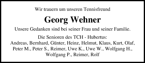 Traueranzeige von Georg Wehner von Lübecker Nachrichten