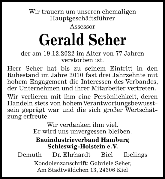 Traueranzeige von Gerald Seher von Kieler Nachrichten