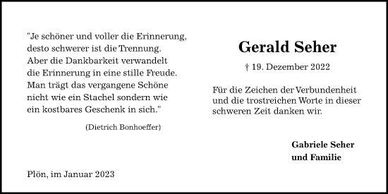 Traueranzeige von Gerald Seher von Kieler Nachrichten